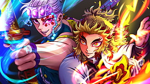 Kyojuro Rengoku and Tengen Uzui in Dynamic Demon Slayer Anime Artwork HD wallpaper