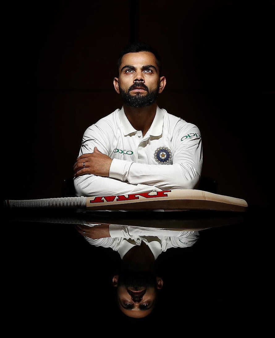 Virat Kohli in Indian Cricket Team White Jersey with MRF Bat and Reflection HD phone wallpaper