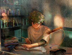 Anime Boy Studying at Desk on Rainy Night with Warm Lamp Light HD wallpaper