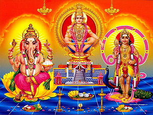 Lord Ganesha, Murugan, and Ayyappa Hindu Deity Temple Illustration HD wallpaper