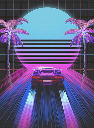 Retro 80s Synthwave Sports Car Driving on Neon Grid Road with Palm Trees HD phone wallpaper