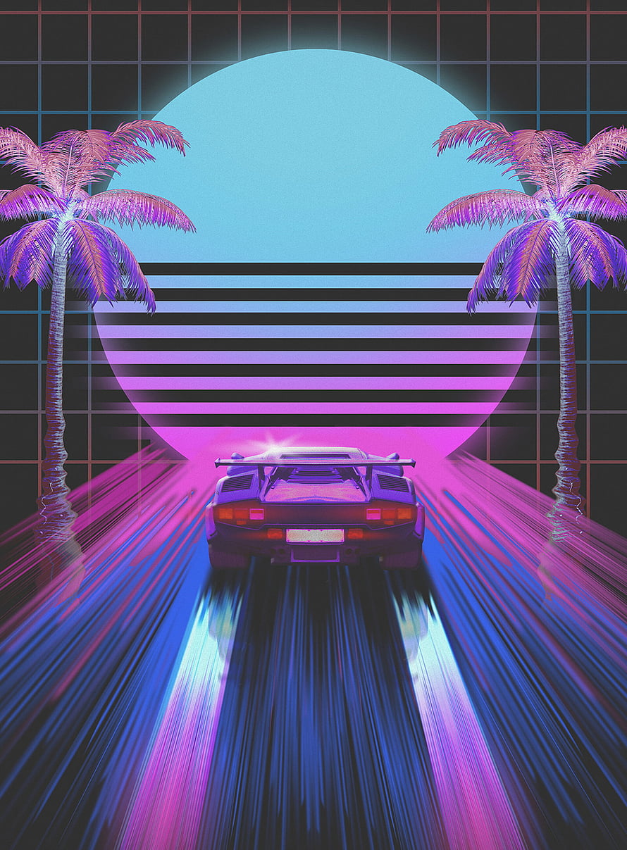 Retro 80s Synthwave Sports Car Driving on Neon Grid Road with Palm Trees HD phone wallpaper
