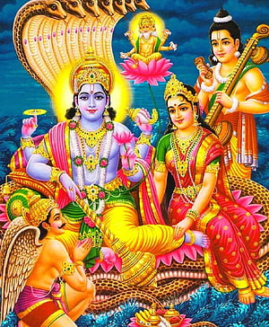 Vishnu resting on Shesha Naga with Lakshmi, Narada, and Garuda in vibrant Hindu mythology art HD phone wallpaper