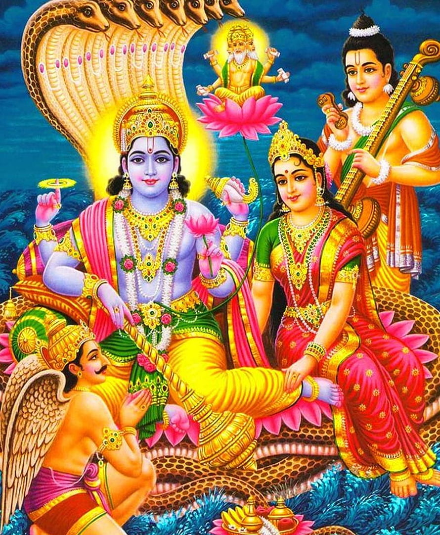 Vishnu resting on Shesha Naga with Lakshmi, Narada, and Garuda in vibrant Hindu mythology art HD phone wallpaper