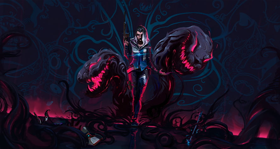 Valorant Agent Fade with Shadow Beasts and Neon Red Glow HD wallpaper