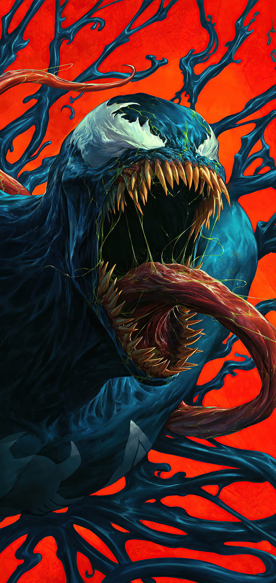 Venom Symbiote Monster with Jagged Teeth and Long Tongue on Fiery Red Background HD phone wallpaper