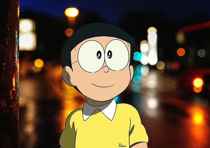 Nobita from Doraemon in a yellow shirt against a bokeh city night background HD wallpaper