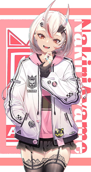 Nakiri Ayame Anime Character Portrait in Streetwear Jacket with Horns and Silver Hair HD phone wallpaper