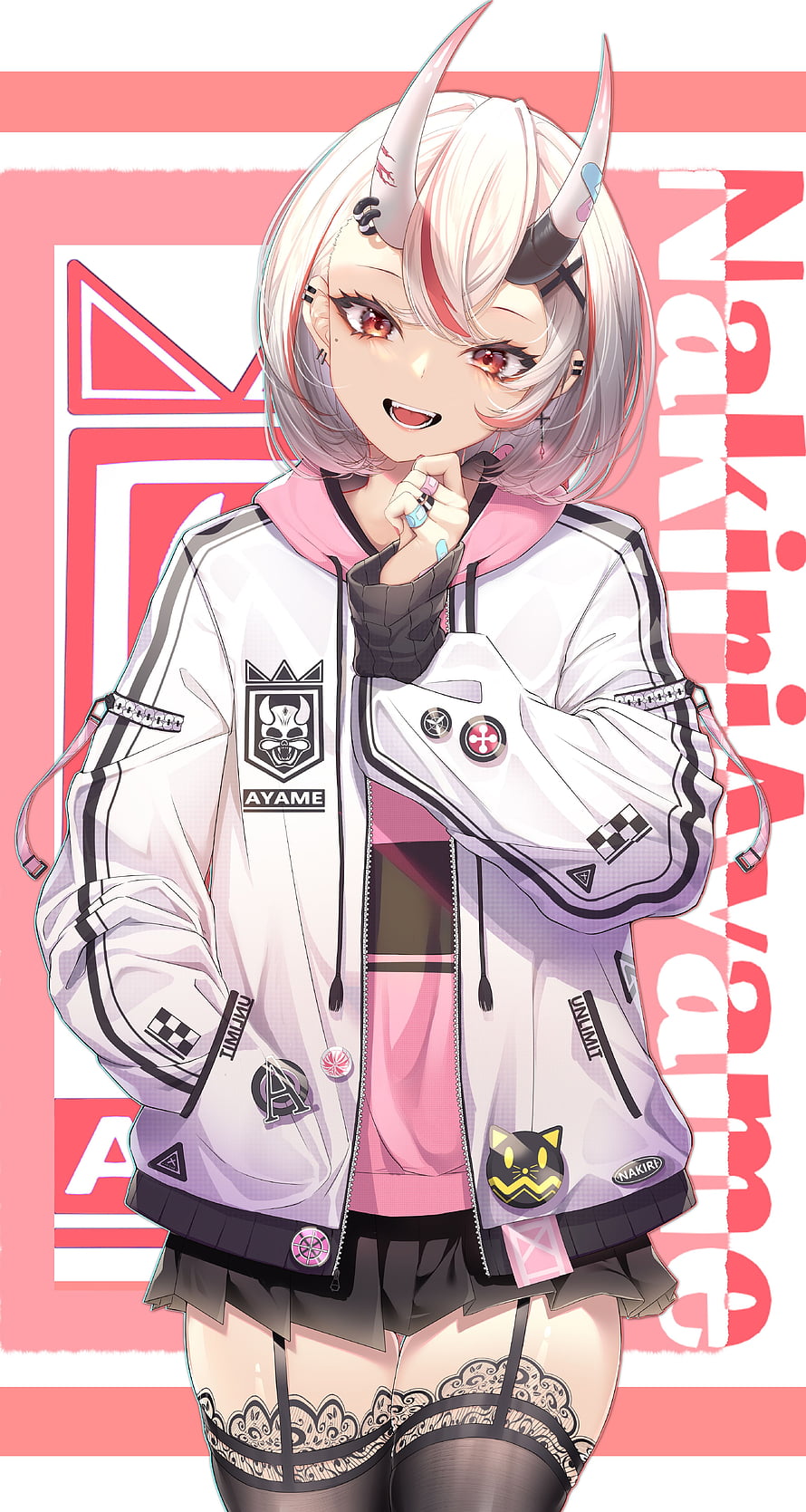 Nakiri Ayame Anime Character Portrait in Streetwear Jacket with Horns and Silver Hair HD phone wallpaper