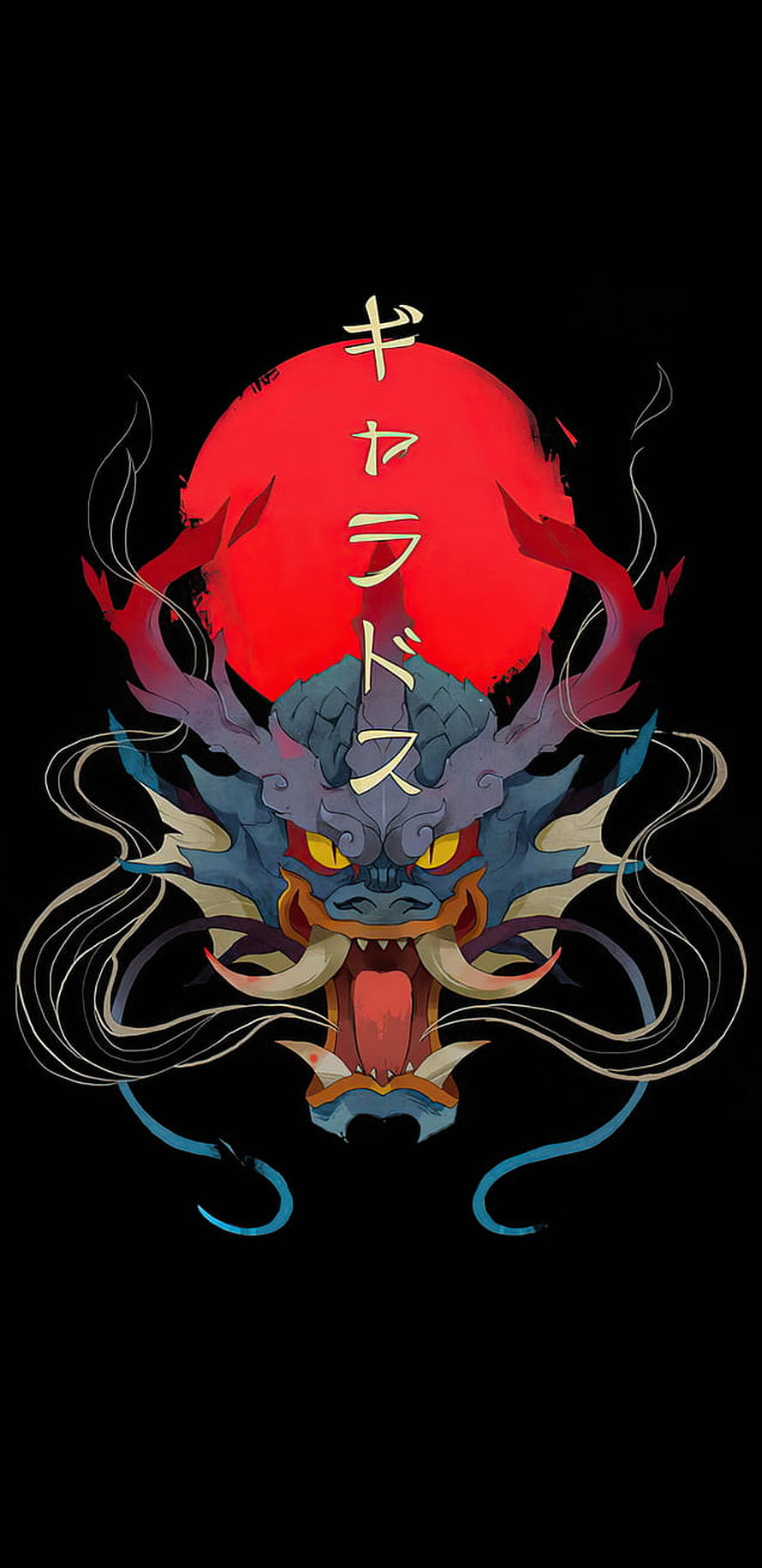 Blue Japanese Dragon Head Illustration With Red Sun Background HD phone wallpaper