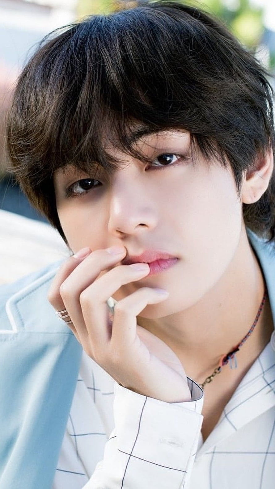 BTS V Taehyung Close-Up Portrait in White Checkered Shirt and Light Blue Jacket HD phone wallpaper