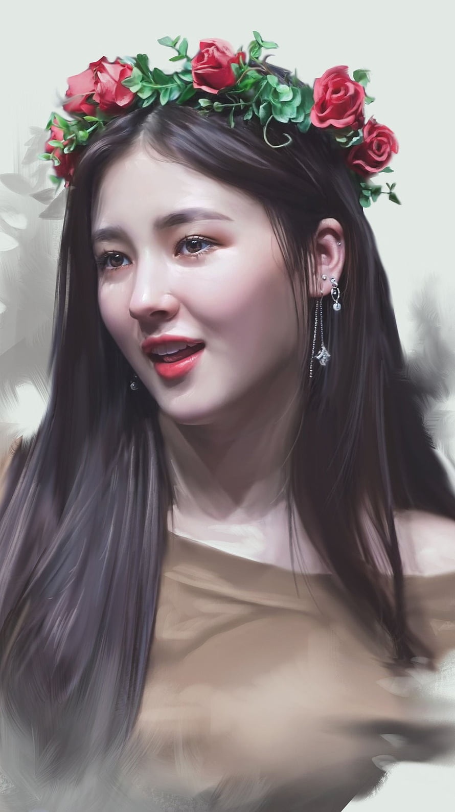Nancy from Momoland wearing a red rose flower crown digital art portrait HD phone wallpaper