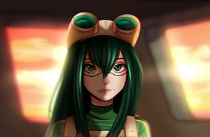 Tsuyu Asui from My Hero Academia in a Frog Headband with Green Hair and Warm Sunset Lighting HD wallpaper