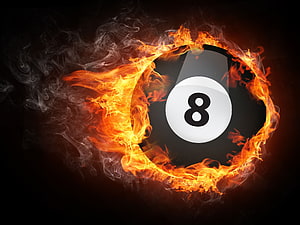 Burning Eight Ball Billiard Sphere Enveloped in Dramatic Flames and Smoke HD wallpaper