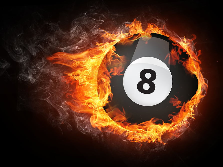 Burning Eight Ball Billiard Sphere Enveloped in Dramatic Flames and Smoke HD wallpaper