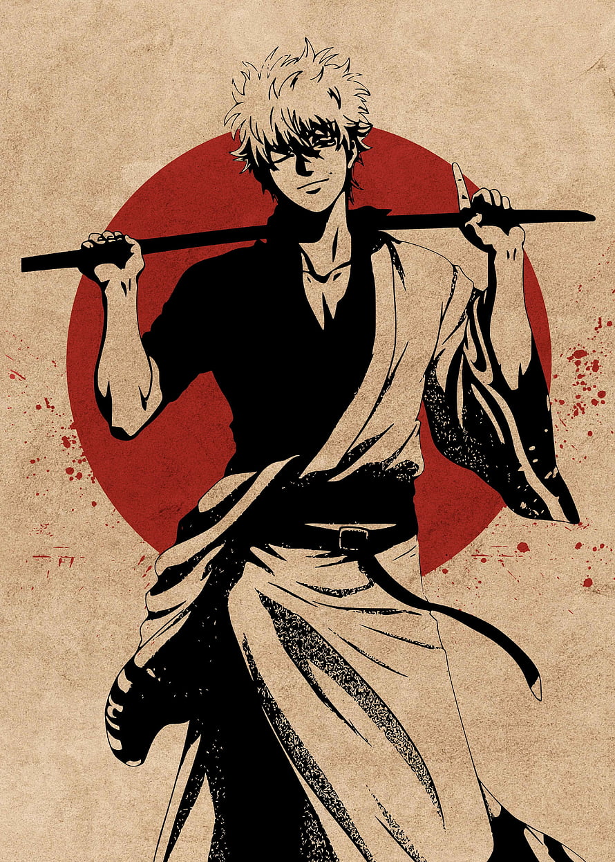 Gintama Samurai Anime Character Illustration with Katana and Red Sun Background HD phone wallpaper