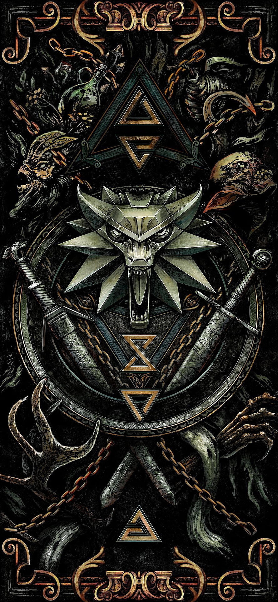 Dark Fantasy Wolf Skull Emblem with Crossed Swords and Chains HD phone wallpaper