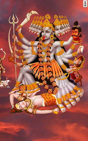 Maa Kali Multi-Headed Divine Goddess Illustration with Weapons and Demon HD phone wallpaper