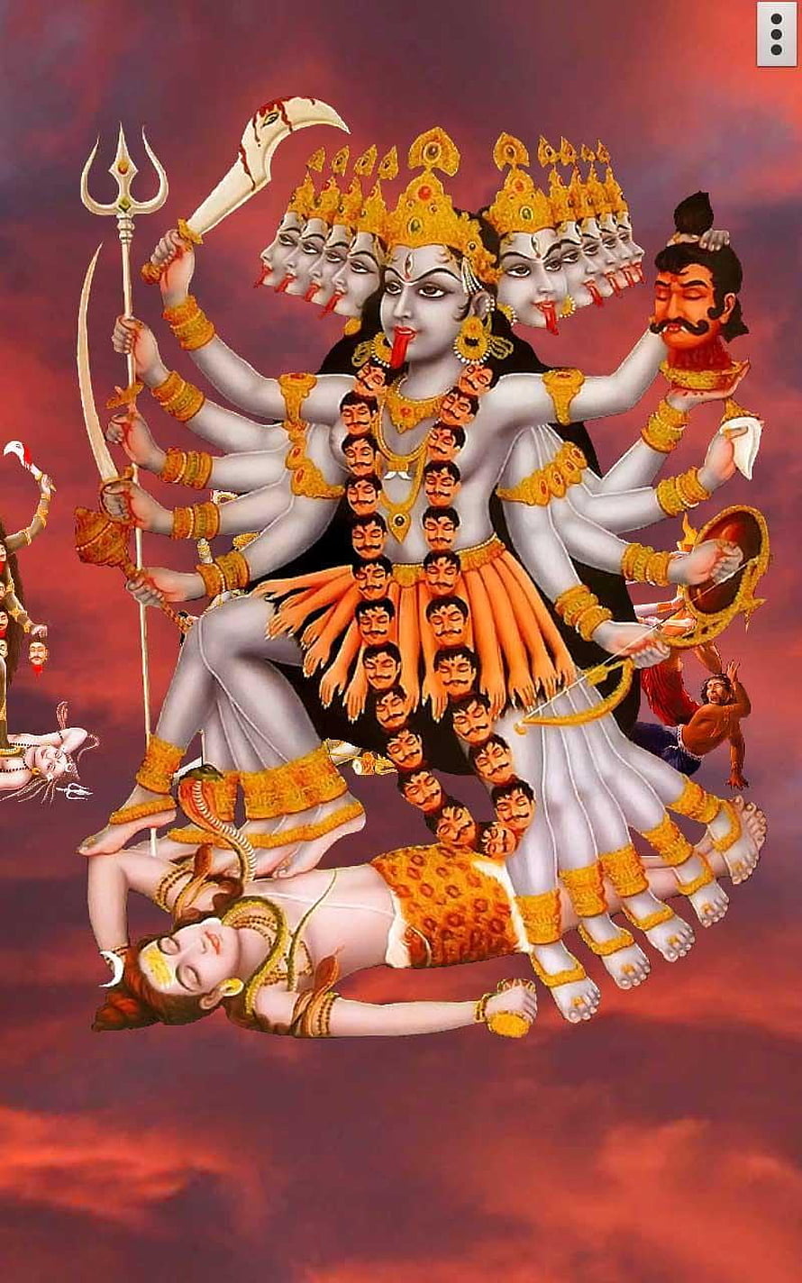 Maa Kali Multi-Headed Divine Goddess Illustration with Weapons and Demon HD phone wallpaper