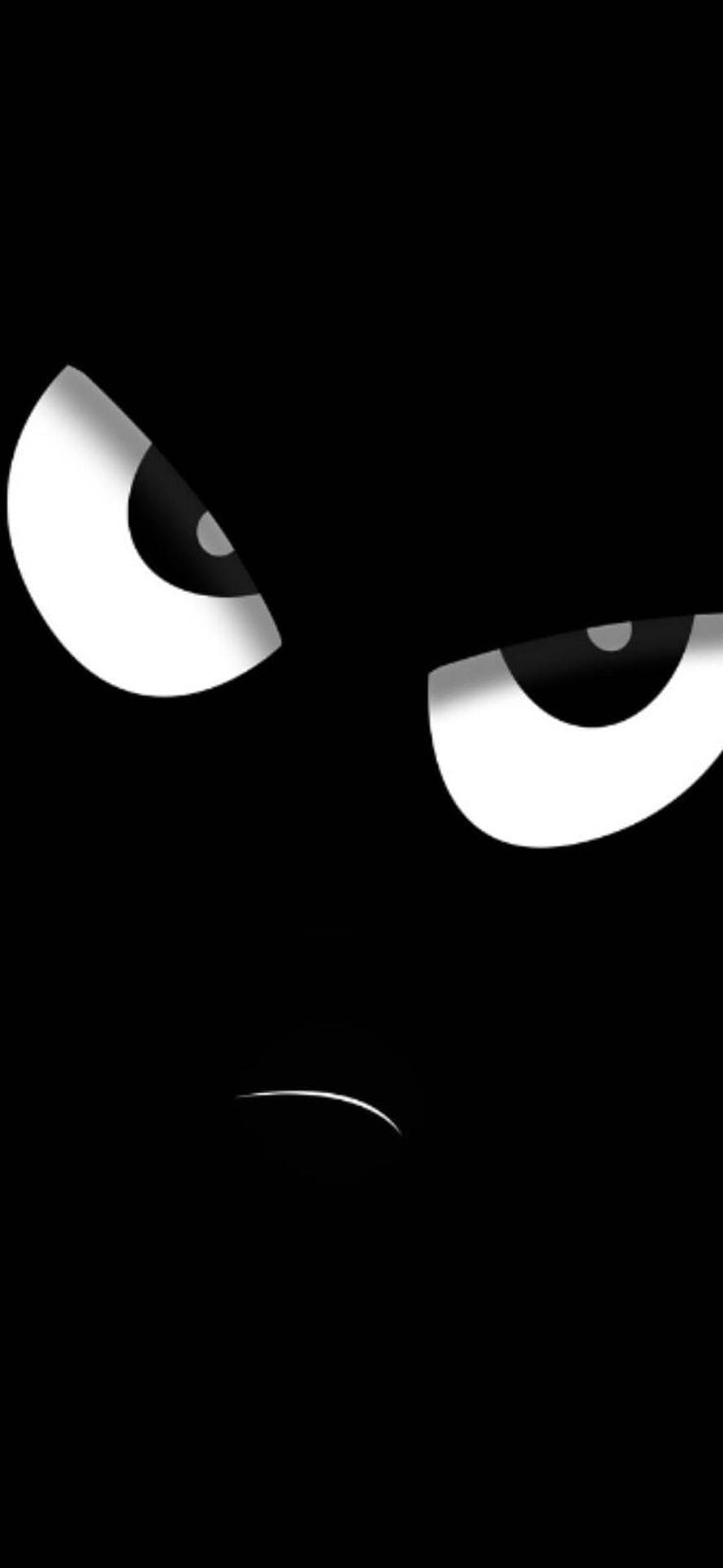 Minimalist Dark Emoji Face with Glowing White Eyes and Frown on Black Background HD phone wallpaper