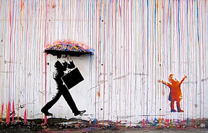 Banksy Coloured Rain Street Art Mural with Umbrella and Child HD wallpaper