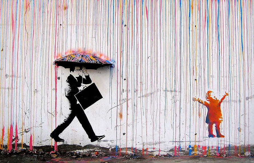 Banksy Coloured Rain Street Art Mural with Umbrella and Child HD wallpaper
