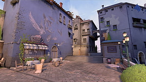 Ascent Map in Valorant Featuring European-Style Cobblestone Plaza and Bar Locale HD wallpaper