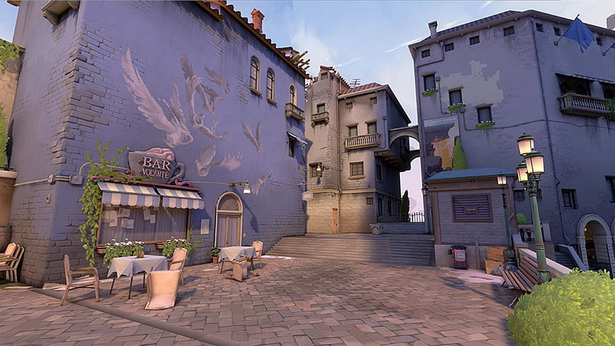 Ascent Map in Valorant Featuring European-Style Cobblestone Plaza and Bar Locale HD wallpaper