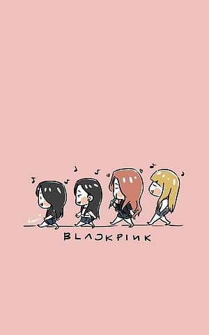 Cute Chibi Blackpink Members Walking in a Line on Pink Background HD phone wallpaper