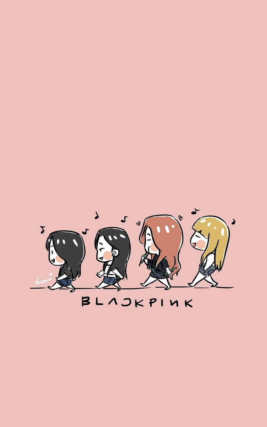 Cute Chibi Blackpink Members Walking in a Line on Pink Background HD phone wallpaper