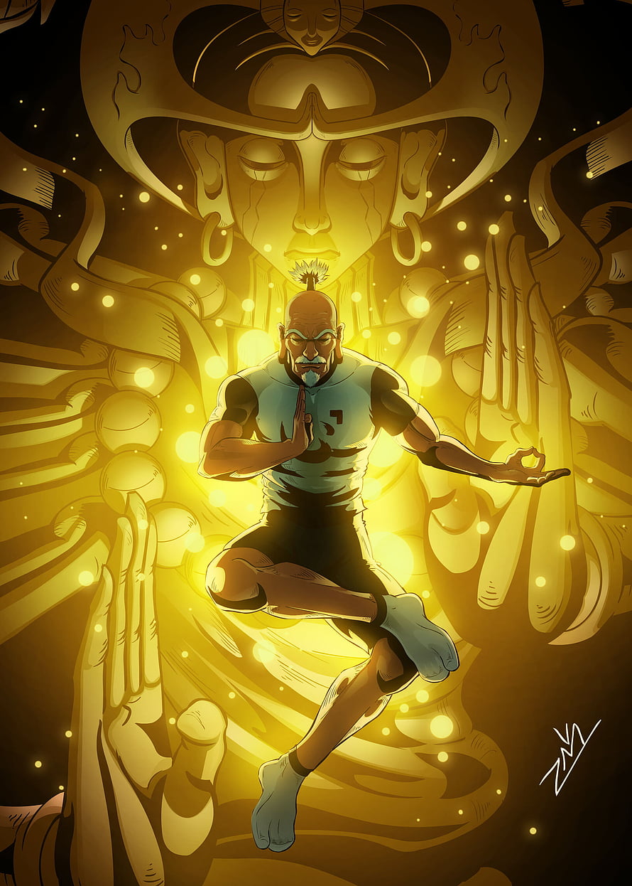 Netero in Meditative Pose Surrounded by Golden Aura and Divine Face HD phone wallpaper
