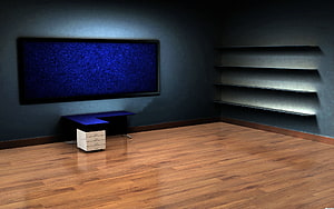 Modern Home Office Interior With Wall-Mounted TV And Floating Shelves HD wallpaper