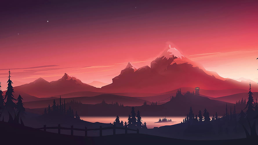 Stylized Red Mountain Landscape at Dusk with Pine Forest and Lake HD wallpaper