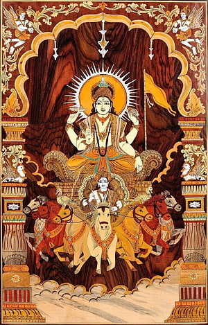 Traditional Indian Pattachitra Painting of Surya God in Seven Horse Chariot HD phone wallpaper