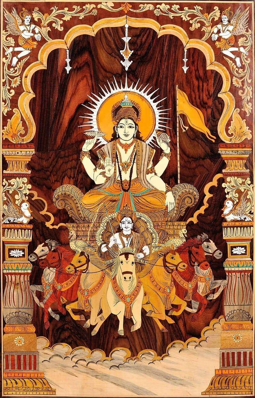 Traditional Indian Pattachitra Painting of Surya God in Seven Horse Chariot HD phone wallpaper