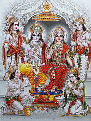 Radha Krishna with Hanuman and Balarama Hindu Deity Art, god, Ram Darbar HD phone wallpaper