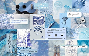 Blue Aesthetic Collage Wallpaper Featuring Ukelele, Jellyfish, and Inspirational Quotes HD wallpaper