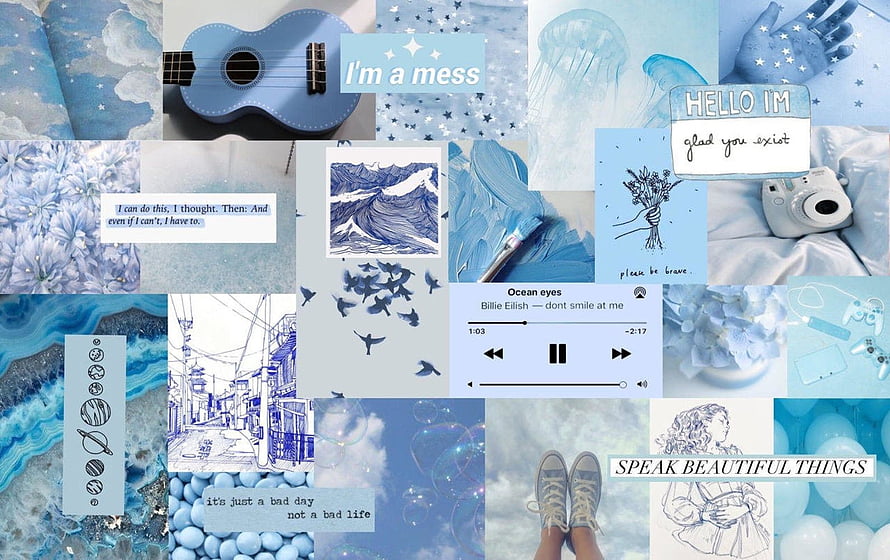 Blue Aesthetic Collage Wallpaper Featuring Ukelele, Jellyfish, and Inspirational Quotes HD wallpaper