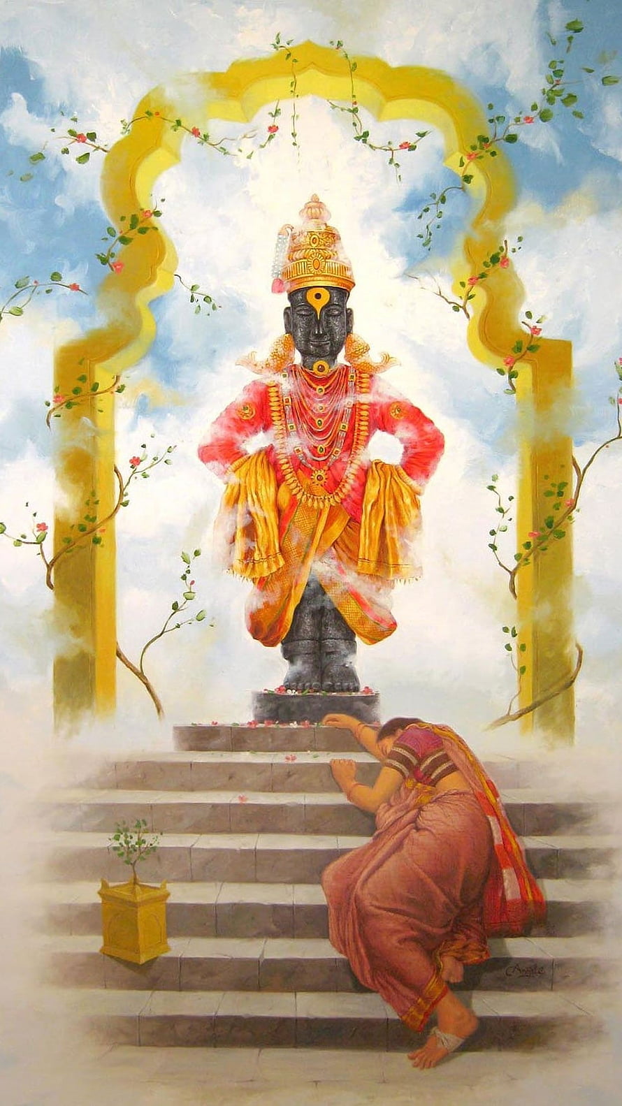 Devotee Praying to Lord Ayyappa Statue in Traditional Attire HD phone wallpaper