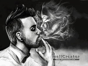 Black and white digital art of a man smoking with a woman's face in the smoke, Smoker Boy, Smoking Boy HD wallpaper