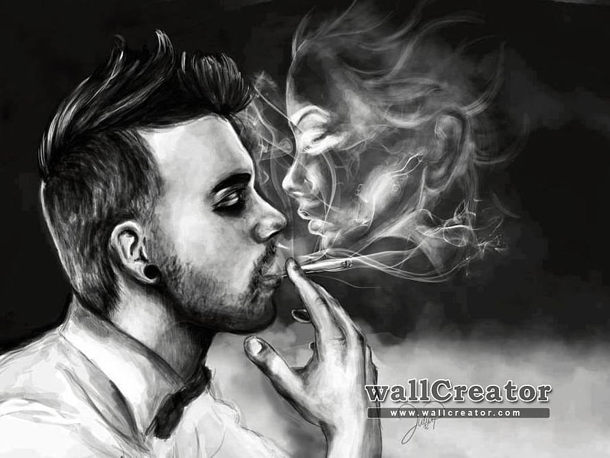 Black and white digital art of a man smoking with a woman's face in the smoke, Smoker Boy, Smoking Boy HD wallpaper