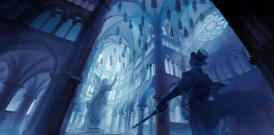 Mysterious figure in top hat and coat stands inside a grand gothic cathedral with floating silhouettes and blue moonlight HD wallpaper