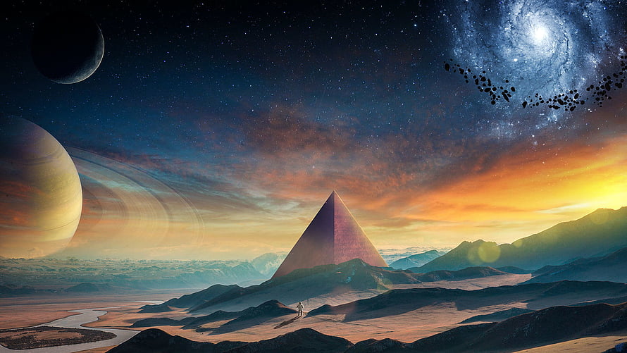 Alien Desert Landscape With Giant Pyramid, Ringed Planet, and Spiral Galaxy at Sunset HD wallpaper