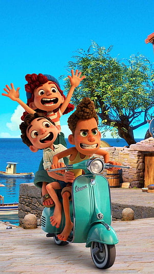 Luca Movie Characters Riding a Vespa Scooter by the Sea HD phone wallpaper