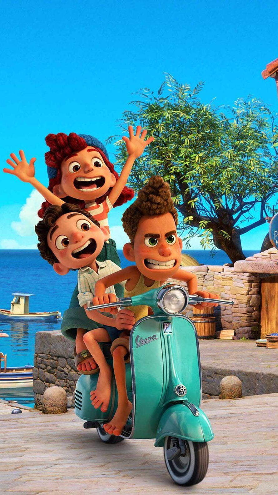 Luca Movie Characters Riding a Vespa Scooter by the Sea HD phone wallpaper