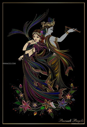 Radha Krishna Artwork, Indian Mythology Couple, Peacock Feather Flute, Floral Background HD phone wallpaper