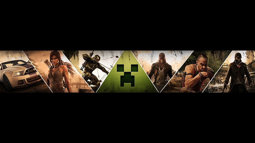 Minecraft Creeper Banner Featuring Lara Croft, Nathan Drake, and Other Video Game Heroes HD wallpaper