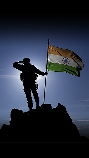 Silhouette of Indian Soldier Saluting with Flag on Mountain Peak HD phone wallpaper