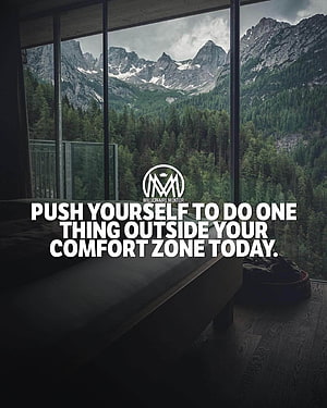 Mountain View From Modern Cabin Window With Motivational Quote Overlay HD phone wallpaper