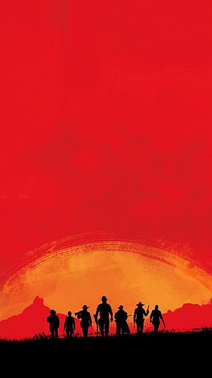 Red Dead Redemption 2 Silhouette Artwork with Red Sky and Western Gang HD phone wallpaper